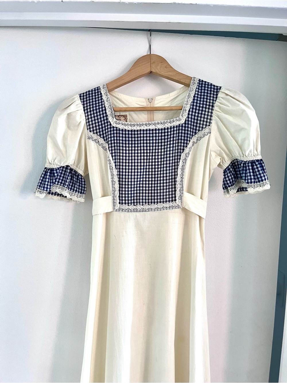 Gunne Sax by Jessica Vintage Cream Dress with Navy Gingham Yoke